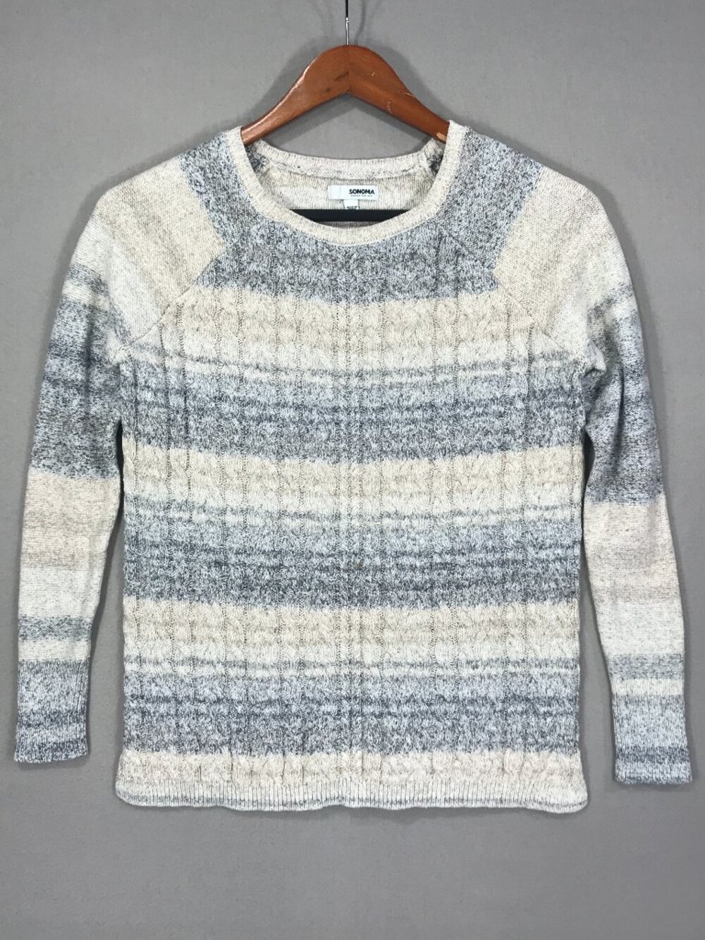 Sonoma Sweater Women's Small Petites Gray Ivory Striped Cable Knit Pullover LS